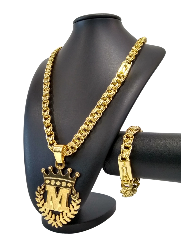 Cordão+Pulseira Friso Triplo 13mm Pingente Escolha sua Letra Louros de A a Z Louros Banhado a Ouro 18k