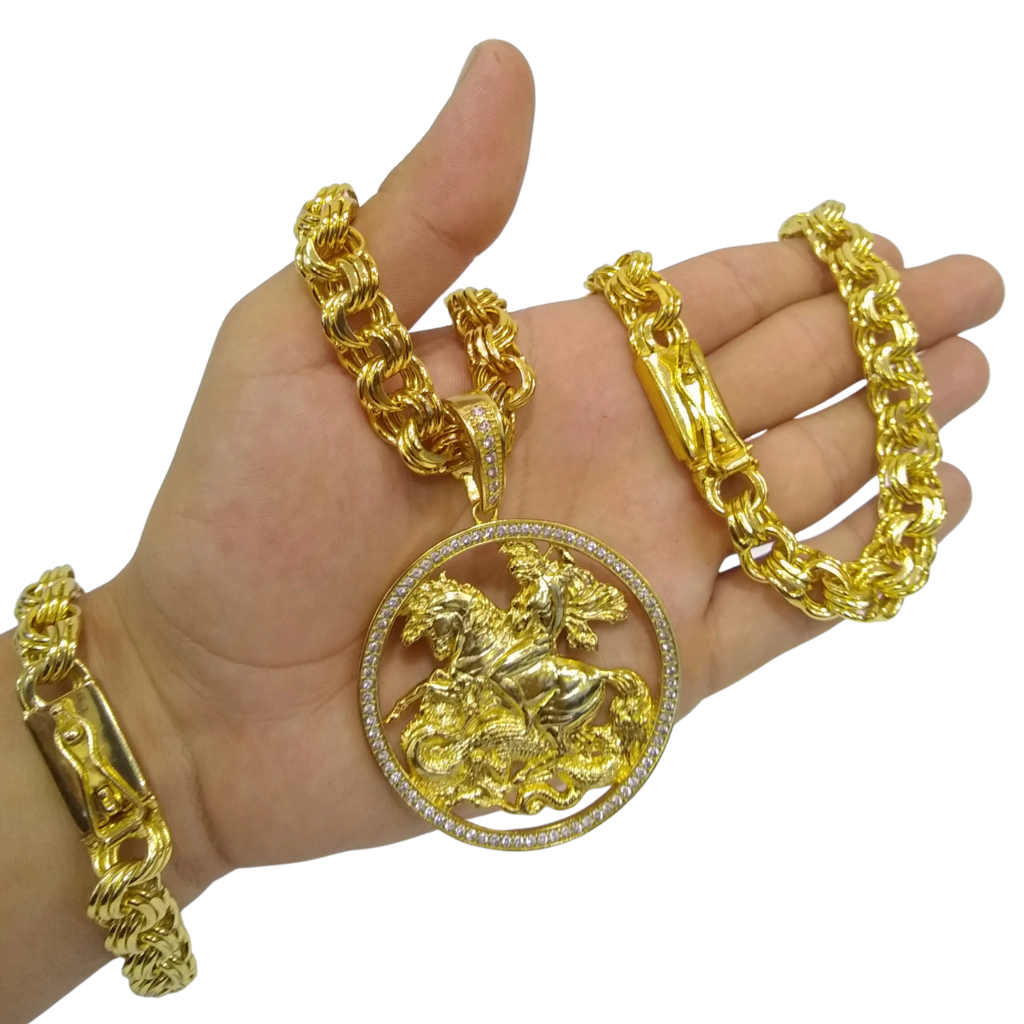 Cordão+Pulseira Friso Triplo 13mm Pingente São Jorge Mega Banhado a Ouro 18k