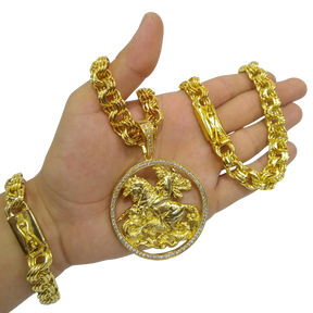 Cordão+Pulseira Friso Triplo 13mm Pingente São Jorge Mega Banhado a Ouro 18k