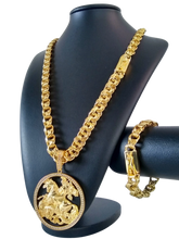 Cordão+Pulseira Friso Triplo 13mm Pingente São Jorge Mega Banhado a Ouro 18k
