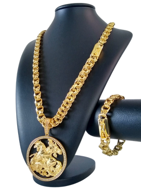 Cordão+Pulseira Friso Triplo 13mm Pingente São Jorge Mega Banhado a Ouro 18k