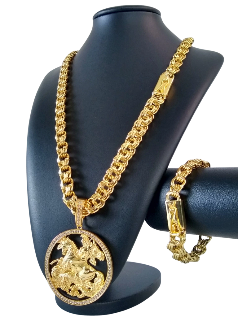 Cordão+Pulseira Friso Triplo 13mm Pingente São Jorge Mega Banhado a Ouro 18k