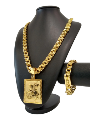 Cordão+Pulseira Friso Triplo 13mm Pingente São Jorge Placa Banhado a Ouro 18k