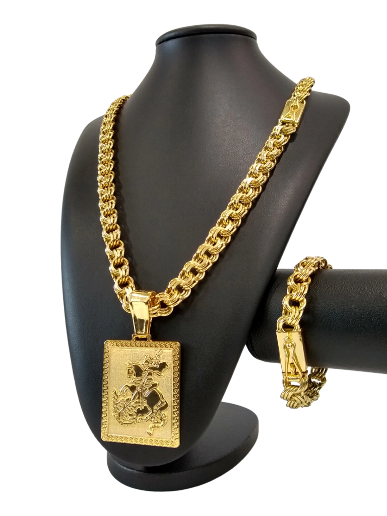 Cordão+Pulseira Friso Triplo 13mm Pingente São Jorge Placa Banhado a Ouro 18k