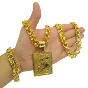 Cordão+Pulseira Friso Triplo 13mm Pingente São Jorge Placa Banhado a Ouro 18k