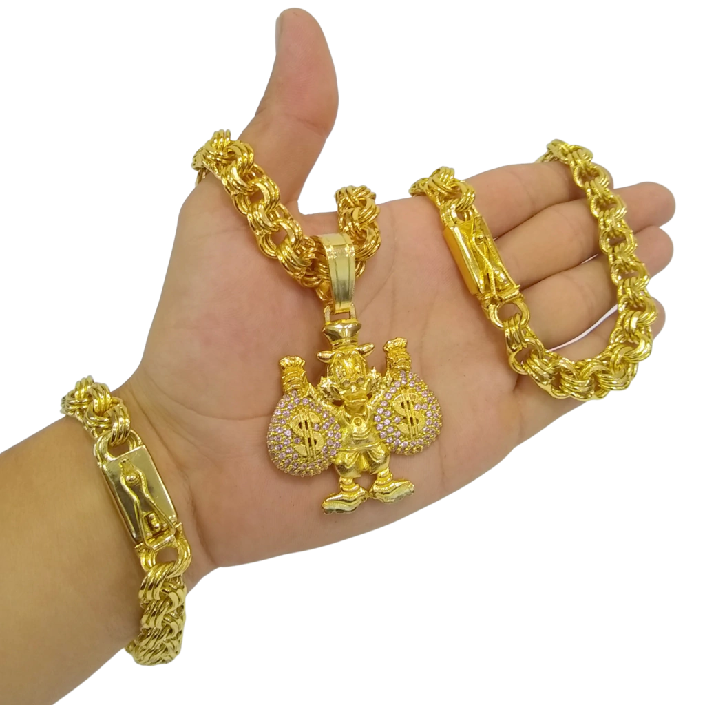 Cordão+Pulseira Friso Triplo 13mm Pingente Tio Patinhas Banhado a Ouro 18k