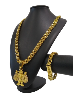Cordão+Pulseira Friso Triplo 13mm Pingente Tio Patinhas Banhado a Ouro 18k