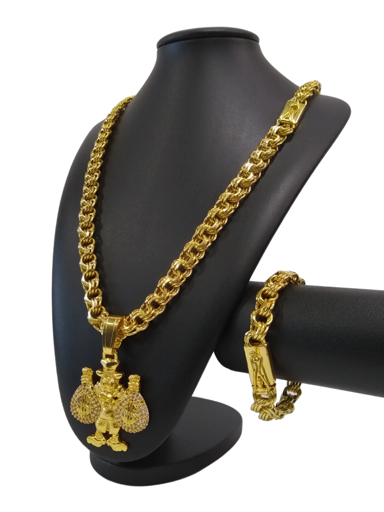 Cordão+Pulseira Friso Triplo 13mm Pingente Tio Patinhas Banhado a Ouro 18k