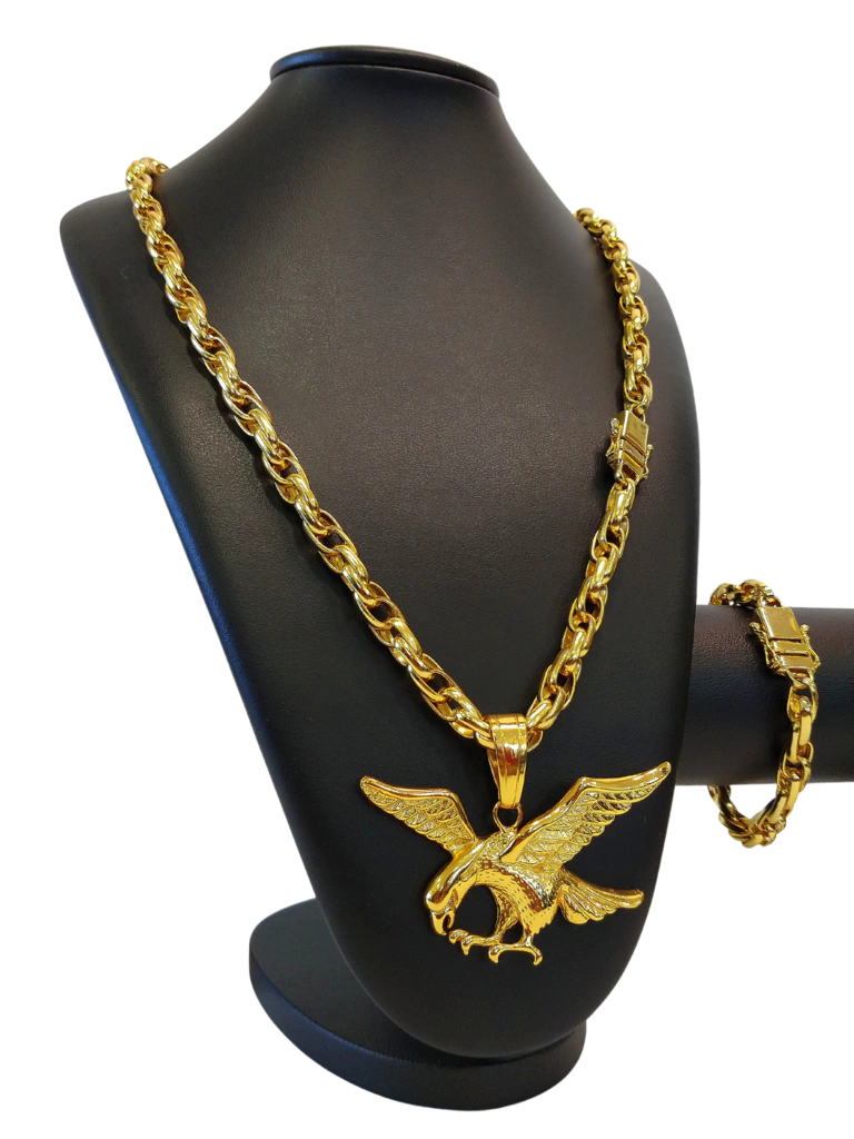 Cordão+Pulseira Trançado Duplo 10mm Pingente Águia Banhado a Ouro 18k