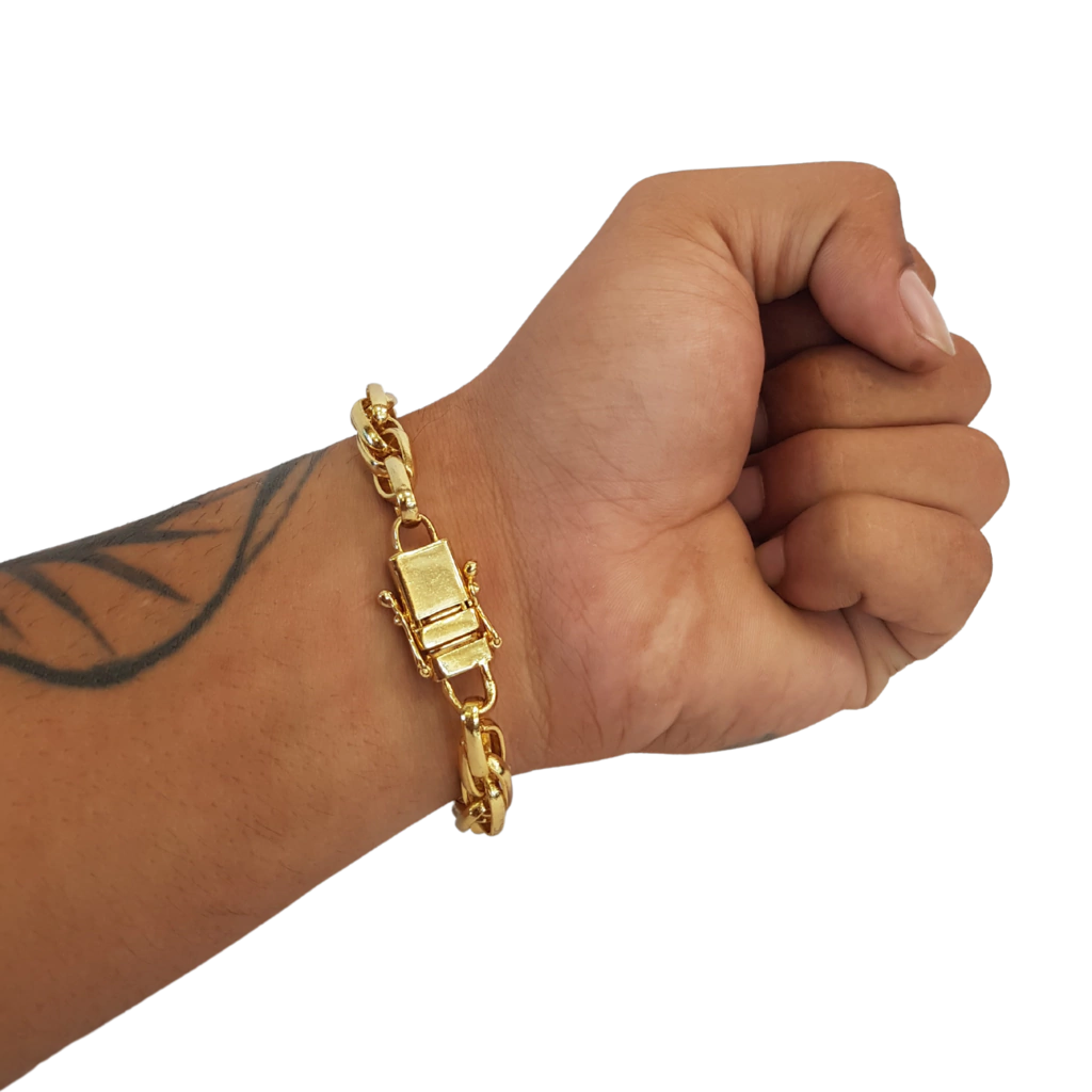 Cordão+Pulseira Trançado Duplo 10mm Pingente Águia Banhado a Ouro 18k