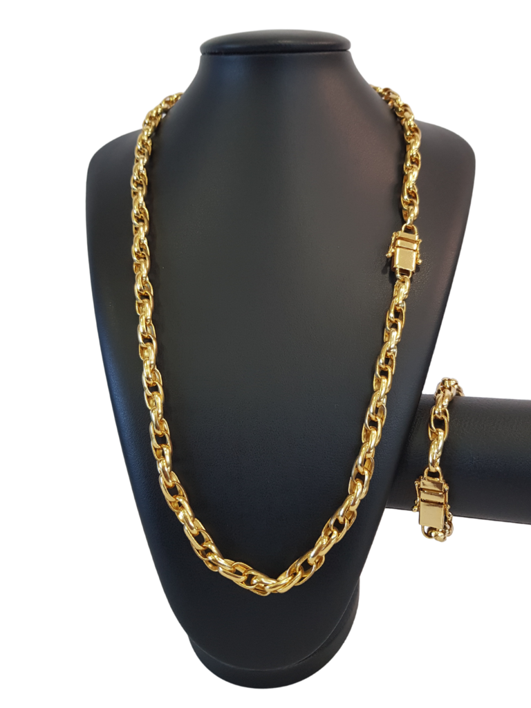 Cordão+Pulseira Trançado Duplo 10mm Banhado Ouro 18k