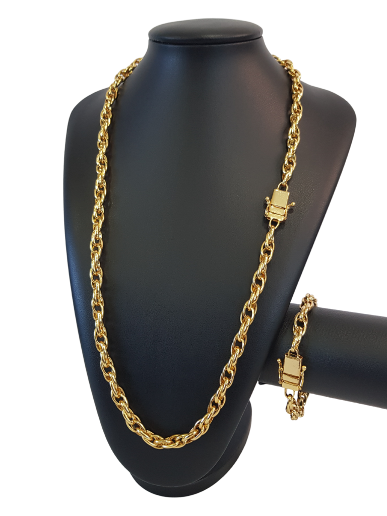 Cordão+Pulseira Trançado Triplo 9mm Banhado a Ouro 18k