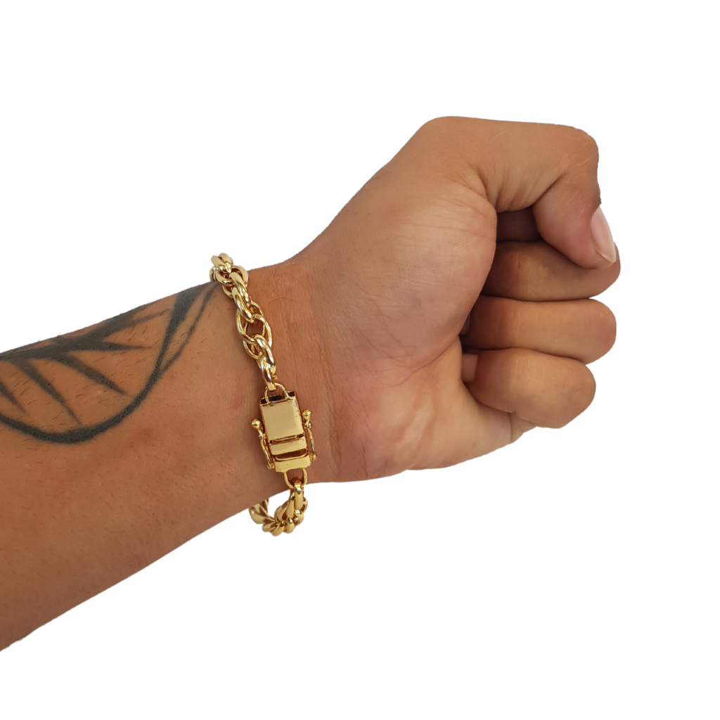 Cordão+Pulseira Trançado Triplo 9mm Banhado a Ouro 18k