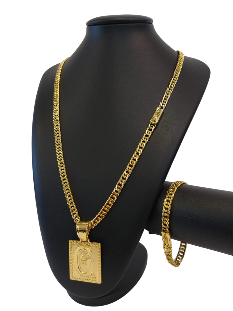 Cordão+Pulseira Grumet 7mm Pingente Escolha sua Letra De A a Z Banhado a Ouro 18k