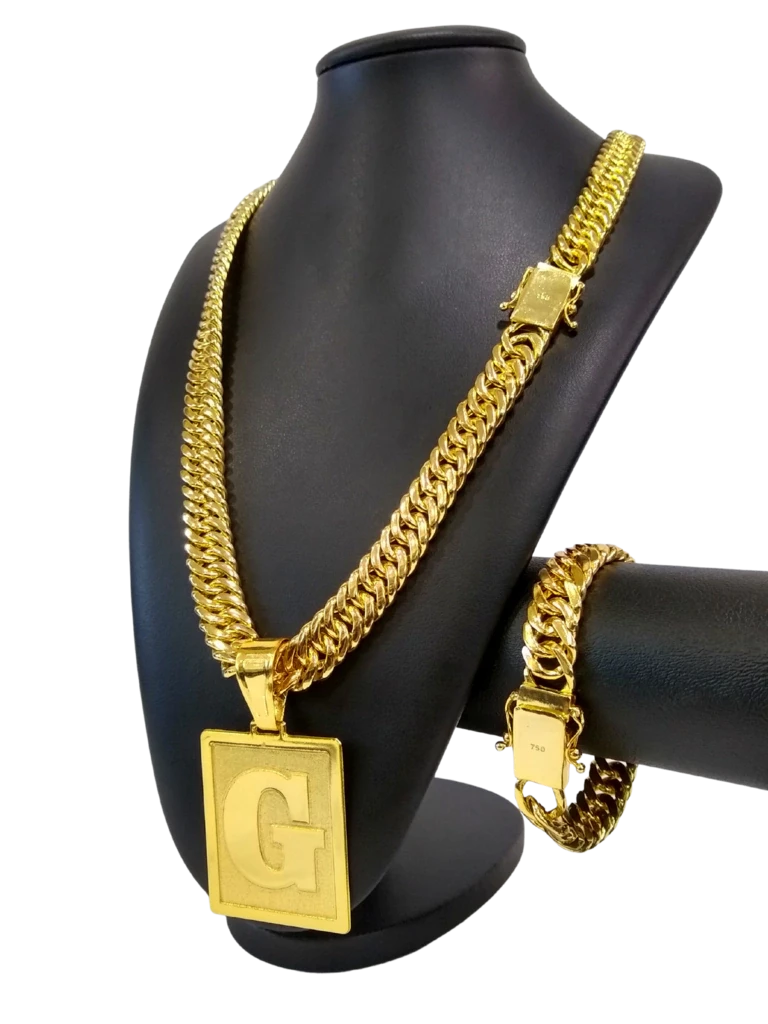 Cordão / Corrente com Pulseira Grumet 13mm Pingente Escolha sua Letra A a Z Banhado a Ouro 18k
