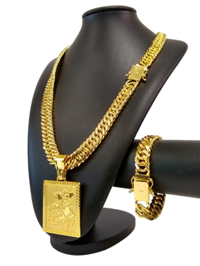 Cordão+Pulseira Grumet 13mm Pingente São Jorge Placa Banhado a Ouro 18k