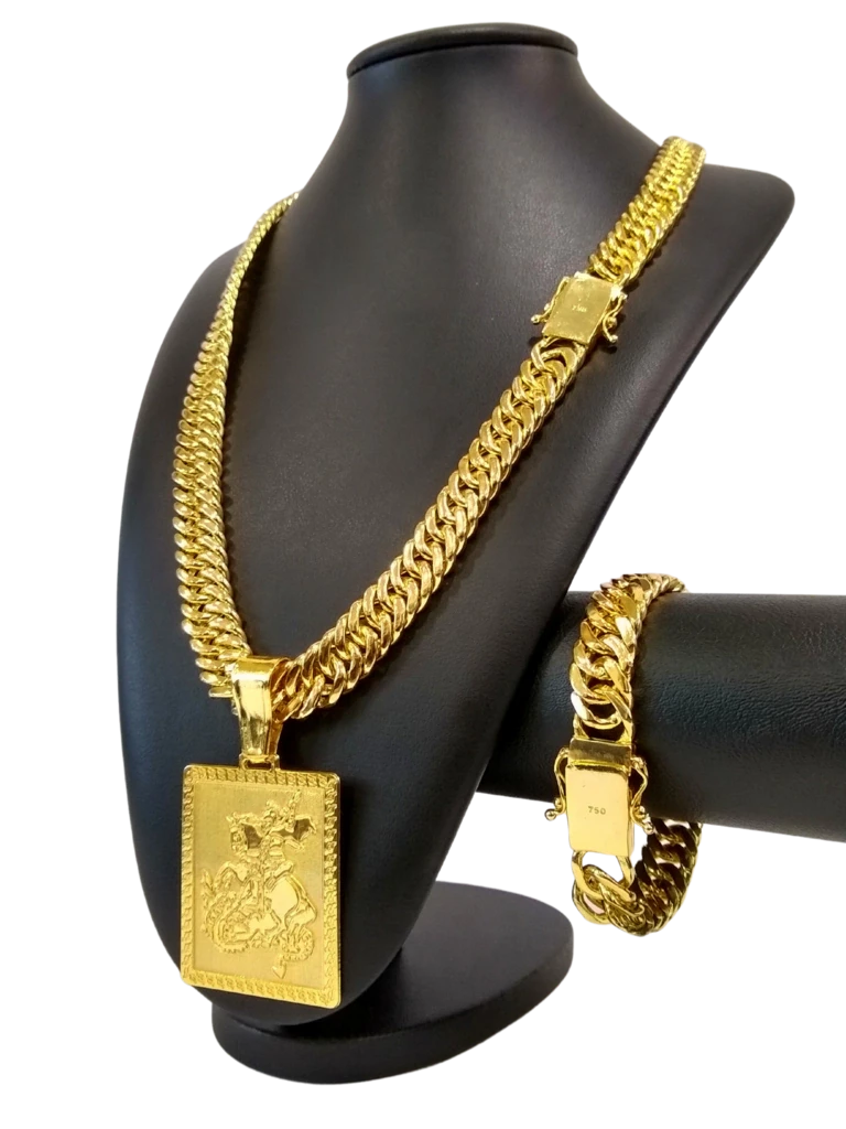 Cordão+Pulseira Grumet 13mm Pingente São Jorge Placa Banhado a Ouro 18k