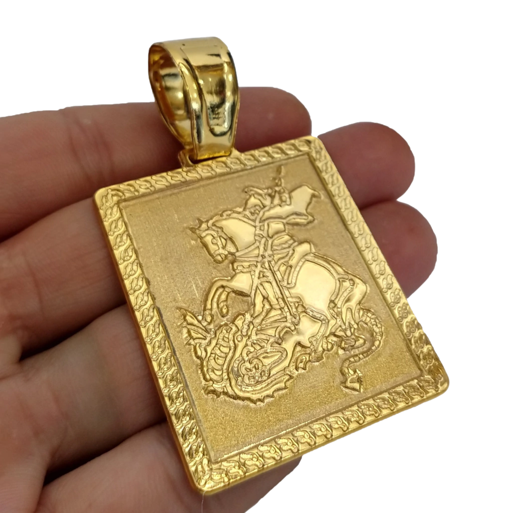 Cordão+Pulseira Grumet 13mm Pingente São Jorge Placa Banhado a Ouro 18k