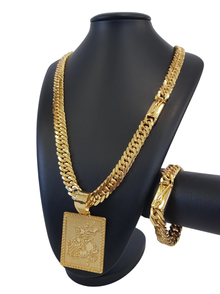 Cordão+Pulseira Grumet 13mm Pingente São Jorge Placa Banhado a Ouro 18k