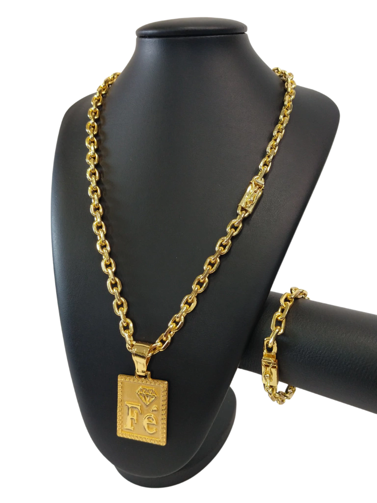 Cordão+Pulseira Cadeado 9mm Pingente Fé com Diamante Banhado a Ouro 18k