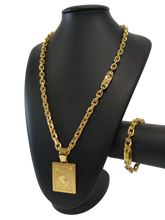 Cordão+Pulseira Cadeado 9mm Pingente Fé com Diamante Banhado a Ouro 18k 70cm