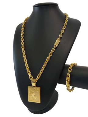 Cordão+Pulseira Cadeado 9mm Pingente Fé com Diamante Banhado a Ouro 18k 70cm