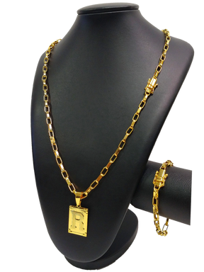 Cordão+Pulseira Tijolinho 7mm Fecho Duplo Pingente Escolha sua Letra de A a Z Banhado a Ouro 18k