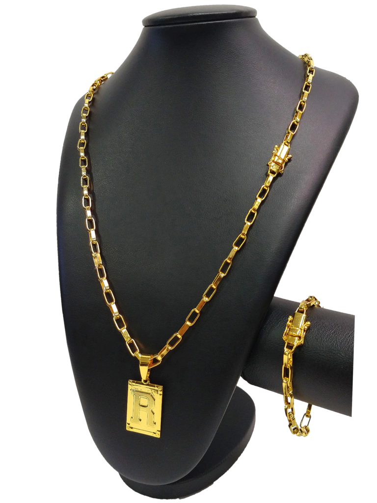 Cordão+Pulseira Tijolinho 7mm Fecho Duplo Pingente Escolha sua Letra de A a Z Banhado a Ouro 18k