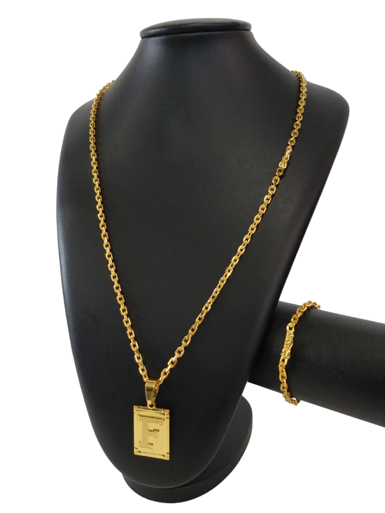 Cordão+Pulseira Cadeado 3mm Pingente Escolha sua Letra de A a Z Banhado a Ouro 18k