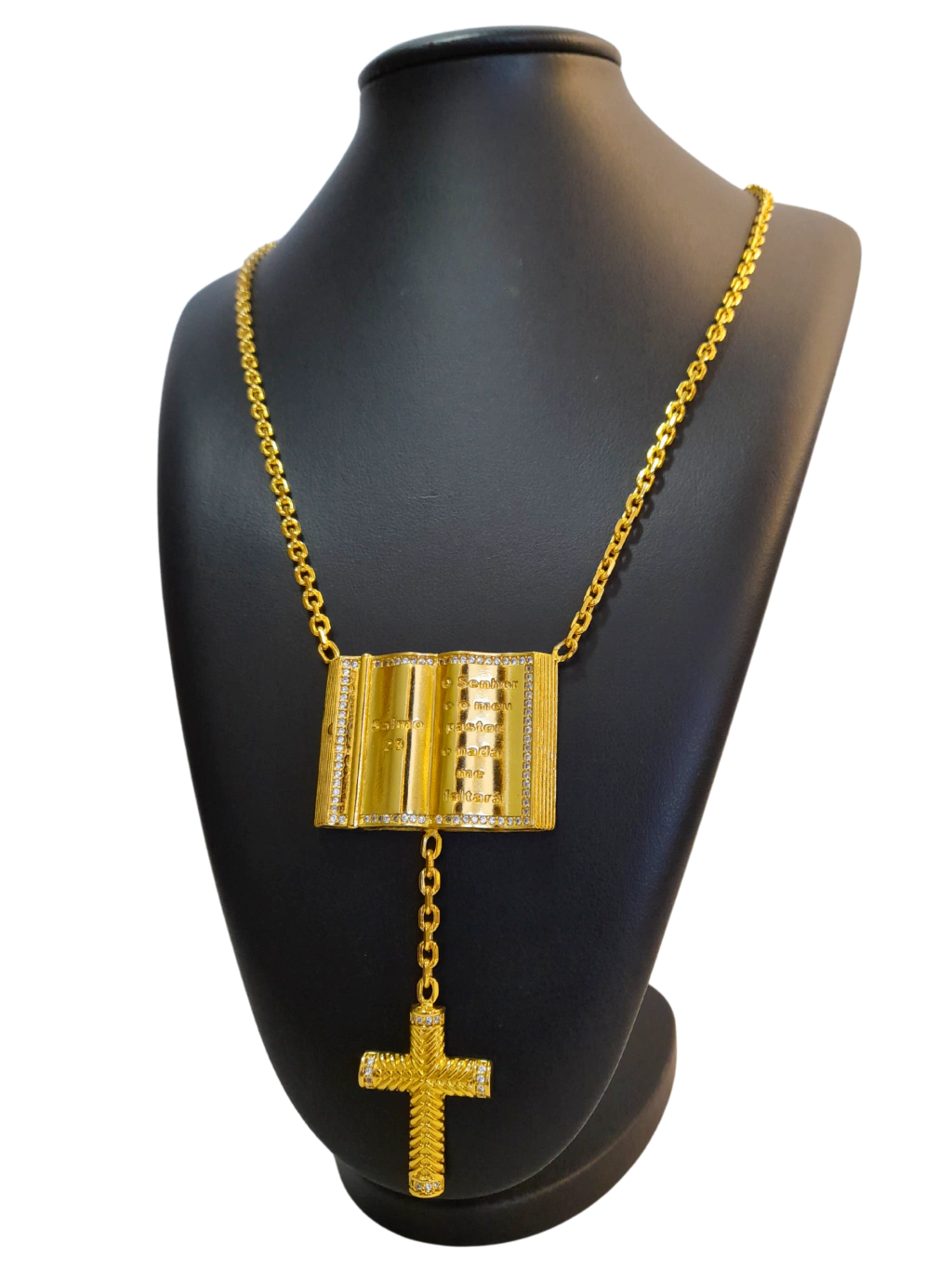 Terço Cadeado 3mm com Bíblia Salmo 23 + Pingente Cruz Cravejada Banhado a Ouro 18k