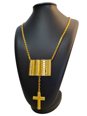 Terço Cadeado 3mm com Bíblia Salmo 23 + Pingente Cruz Cravejada Banhado a Ouro 18k