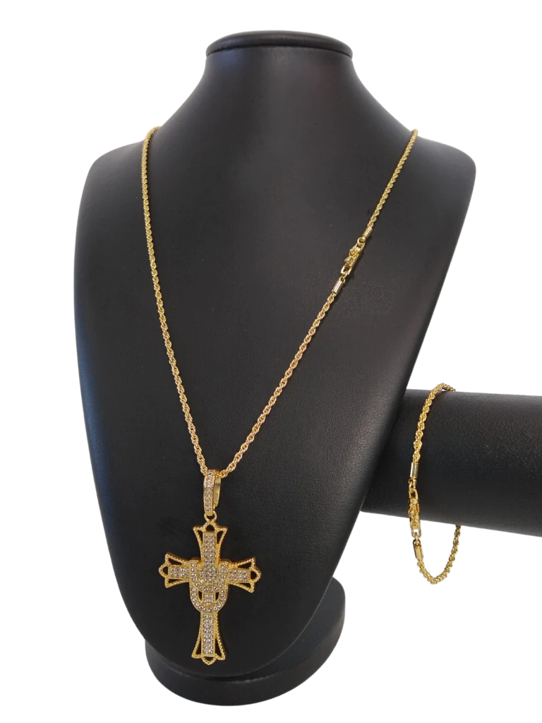 Cordão+Pulseira Baiano Pingente Cruz Banhado a Ouro 18k