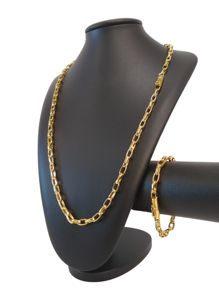 Cordão+Pulseira Tijolinho Meia Cana 7mm Banhado Ouro 18k