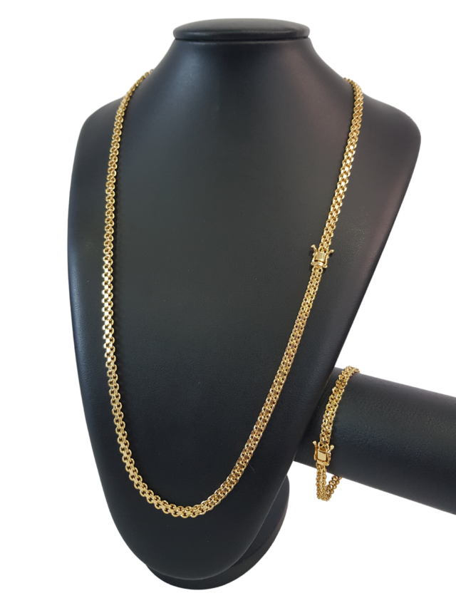 Cordão+Pulseira Cadeado Duplo 6mm Banhado a Ouro 18k