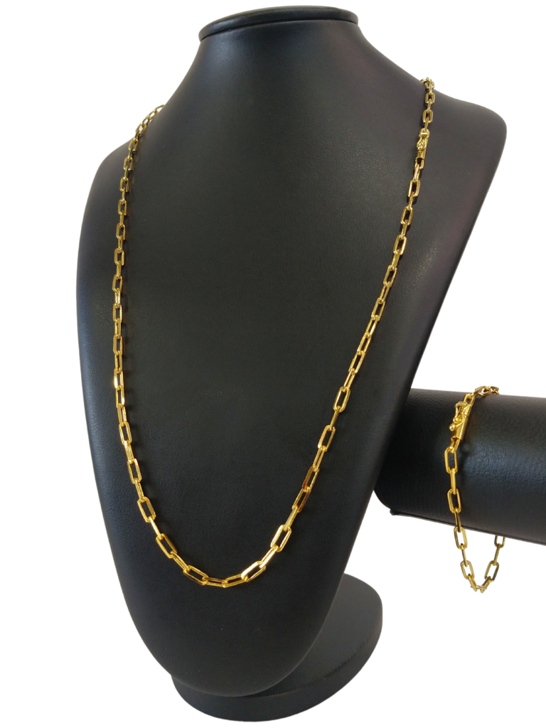 Cordão+Pulseira Tijolinho - 6mm - Fecho Bomba - Banhado a Ouro 18k