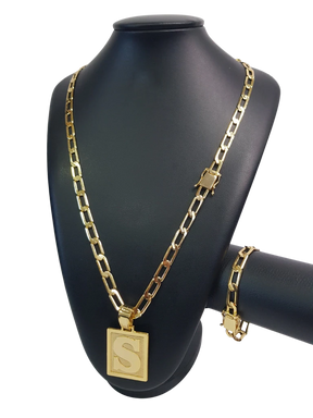 Cordão+Pulseira Grumet Alongado 8mm Pingente Escolha sua Letra A a Z Banhado a Ouro 18k