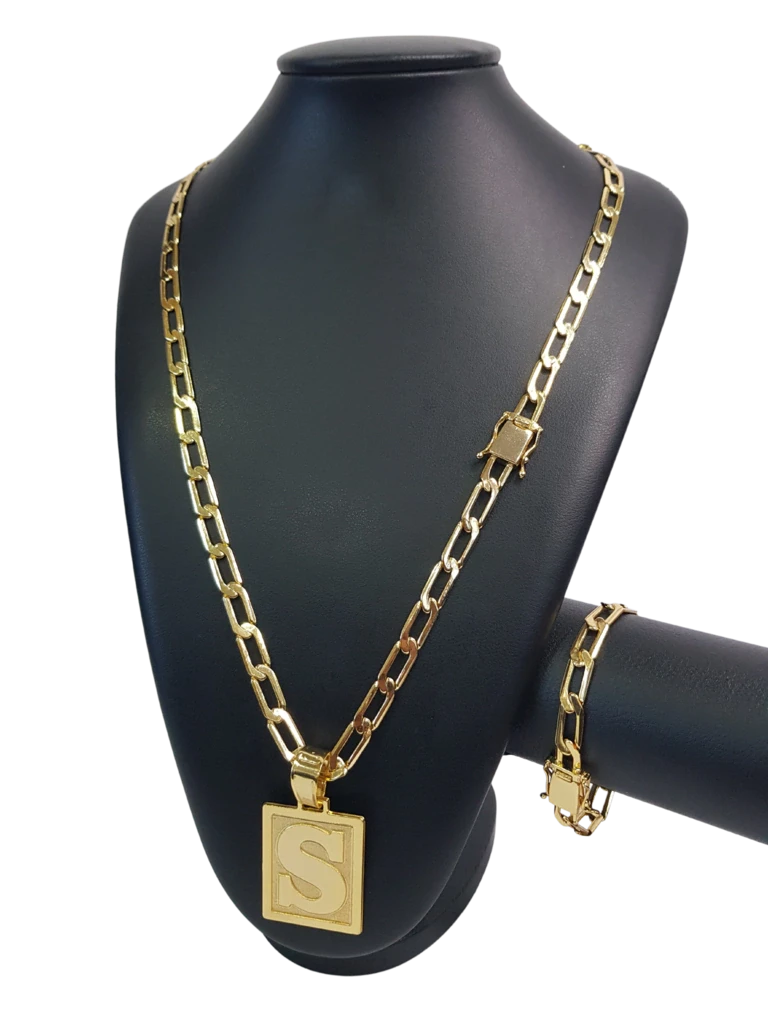 Cordão+Pulseira Grumet Alongado 8mm Pingente Escolha sua Letra A a Z Banhado a Ouro 18k