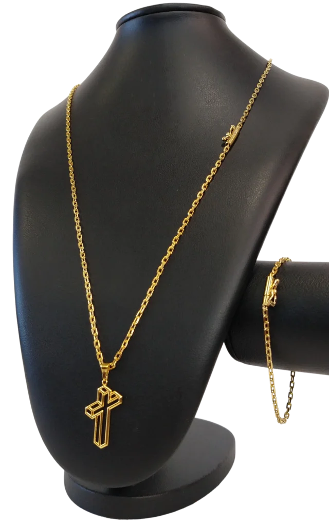 Cordão+Pulseira Cadeado 2mm+Pingente Cruz 3d Banhado a Ouro 18k