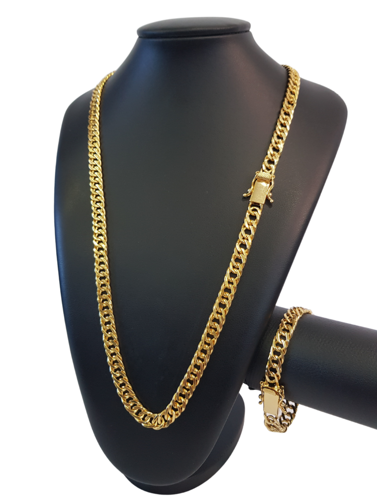 Cordão+Pulseira Grumet 10mm Fecho Duplo Banhado a Ouro 18k