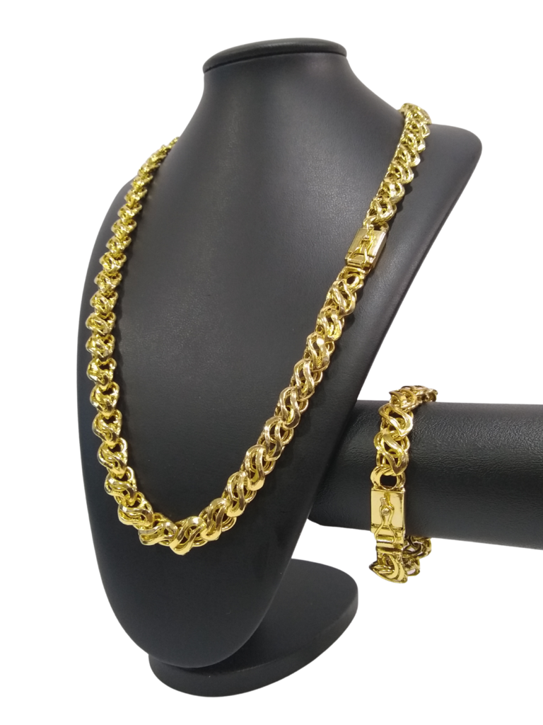Cordão+Pulseira Friso S Vazado 13mm Banhado A Ouro 18k