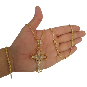 Cordão+Pulseira Baiano Pingente Cruz Banhado a Ouro 18k