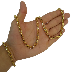 Cordão+Pulseira Tijolinho Meia Cana 7mm Banhado Ouro 18k