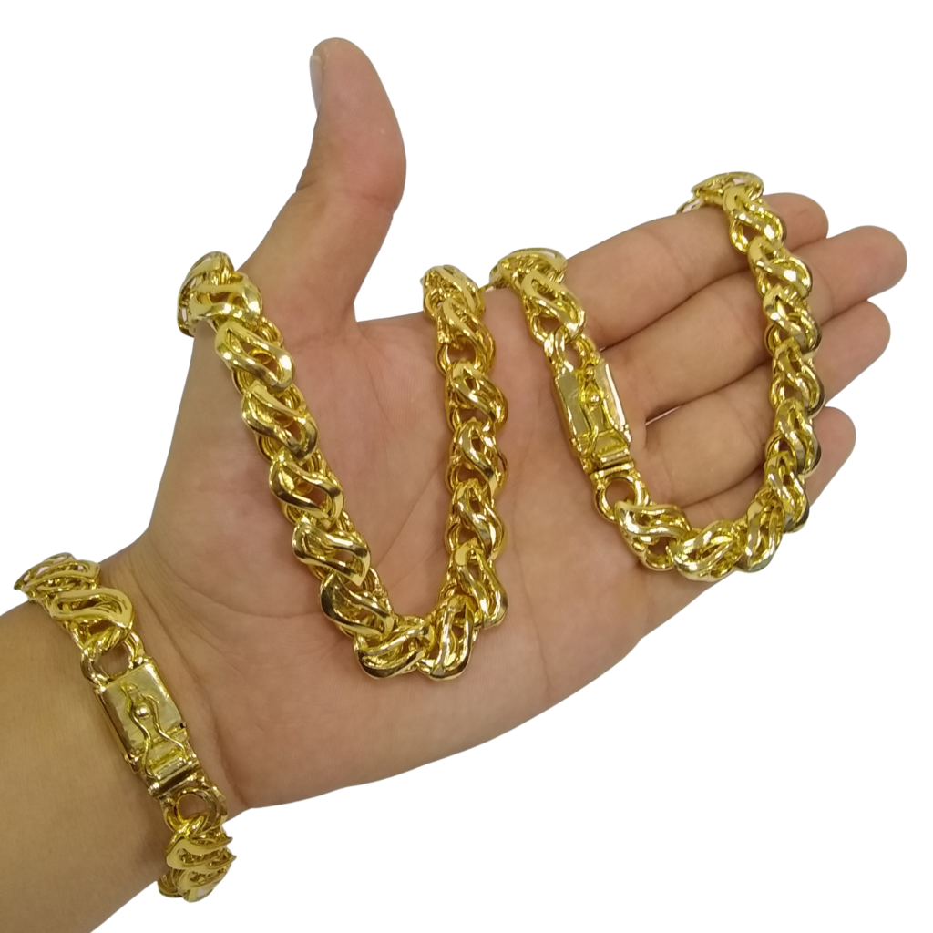 Cordão+Pulseira Friso S Vazado 13mm Banhado A Ouro 18k