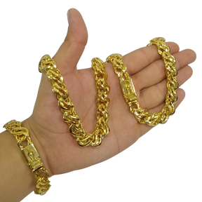 Cordão+Pulseira Friso S Vazado 13mm Banhado A Ouro 18k