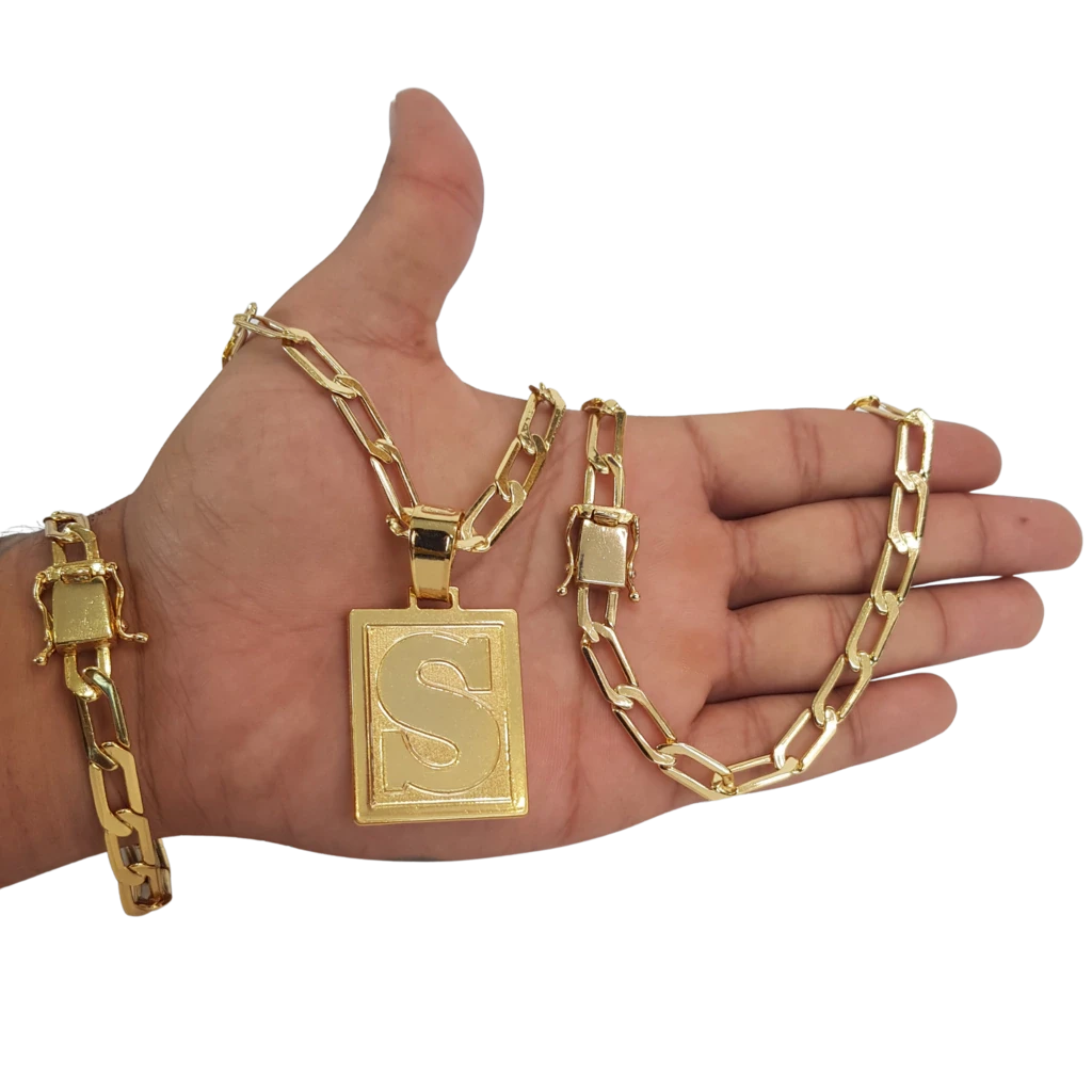 Cordão+Pulseira Grumet Alongado 8mm Pingente Escolha sua Letra A a Z Banhado a Ouro 18k