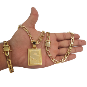 Cordão+Pulseira Grumet Alongado 8mm Pingente Escolha sua Letra A a Z Banhado a Ouro 18k