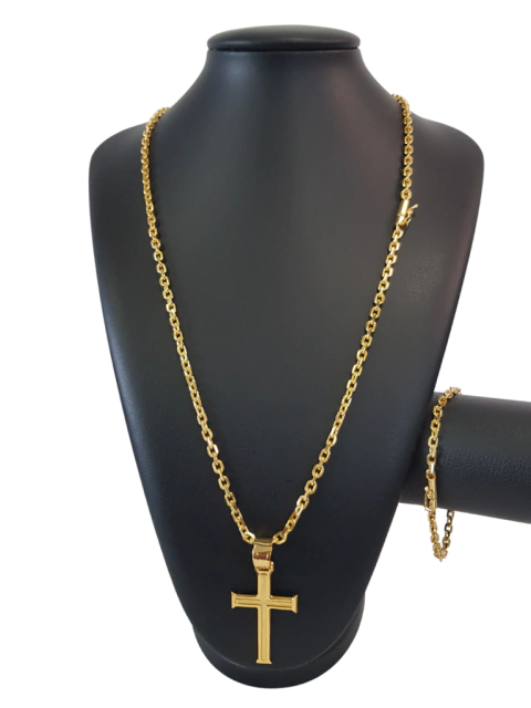 Cordão+Pulseira Cadeado 3mm Pingente Cruz Templaria Banhado Ouro 18k