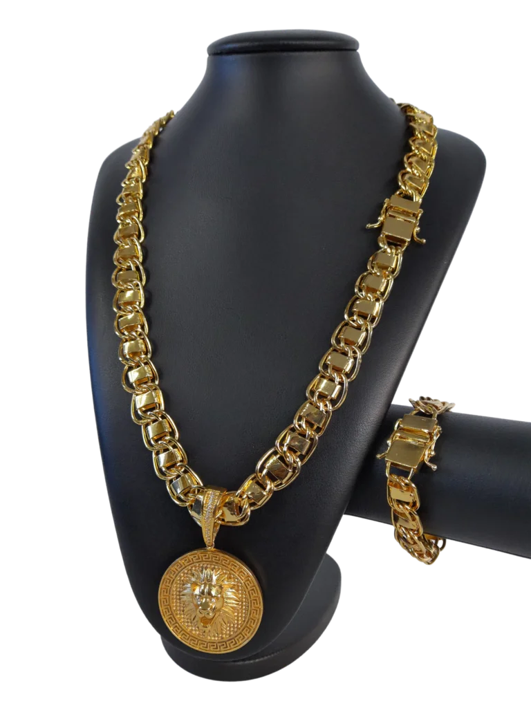 Cordão+Pulseira Dubai 15mm Pingente Leão 3D Banhado a Ouro 18k
